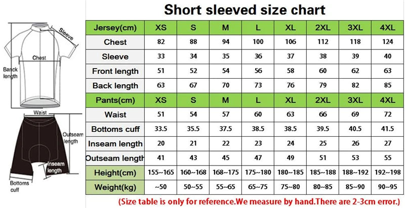 Short-sleeved cycling jersey size chart with measurements for chest, sleeve, length, and pant sizes.