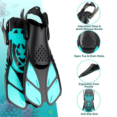 Adjustable snorkel fins with quick-release buckles, open toe design, drain holes, ergonomic foot pocket, and anti-slip sole.