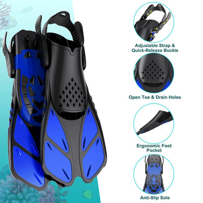 Snorkel fins with adjustable buckle and ergonomic foot pocket for adults, ideal for scuba diving and swimming.