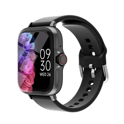 Waterproof smart watch with call and message alerts, fitness tracking, and sleek black design.