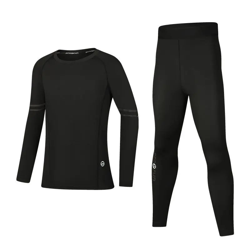 Boys' thermal compression sportswear set, quick-dry black long sleeve top and leggings, ideal for basketball and soccer.