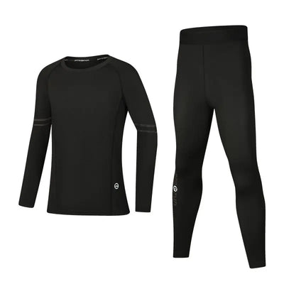 Boys' thermal compression sportswear set, quick-dry black long sleeve top and leggings, ideal for basketball and soccer.