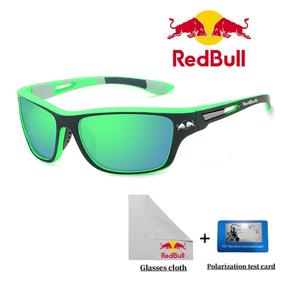 Red Bull polarized sunglasses in green with glasses cloth and polarization test card, perfect for outdoor activities.