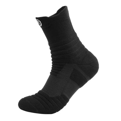 Elastic compression sports socks in black, breathable material designed for basketball and active wear.