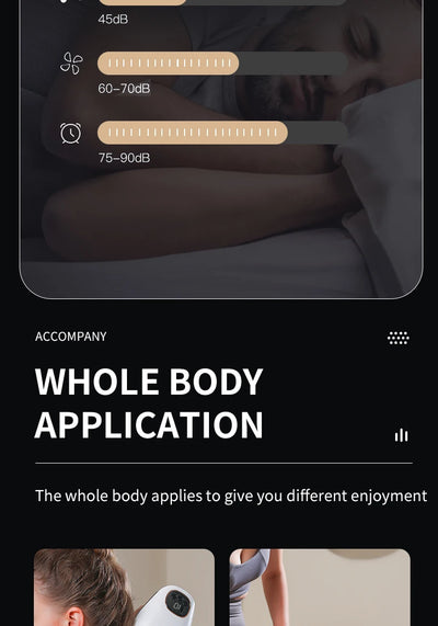 Infographic showing sound levels (45dB to 90dB) and benefits of whole-body application for relaxation and enjoyment.