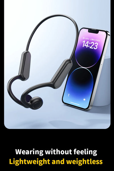 Lightweight bone conduction earphones next to a smartphone, highlighting comfort for users.