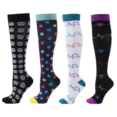 Four pairs of high tube compression socks with playful designs for men and women, ideal for running and nursing.