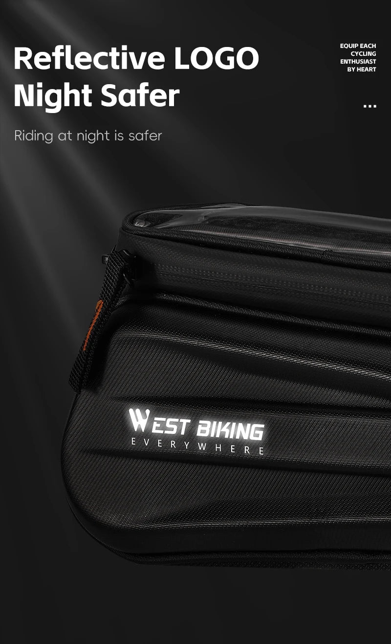 Close-up of West Biking bike bag featuring a reflective logo for safer night riding.