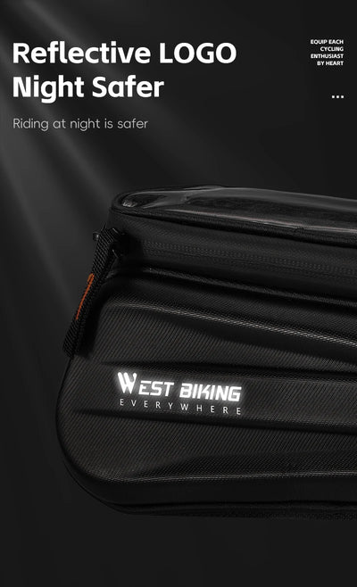 Close-up of West Biking bike bag featuring a reflective logo for safer night riding.
