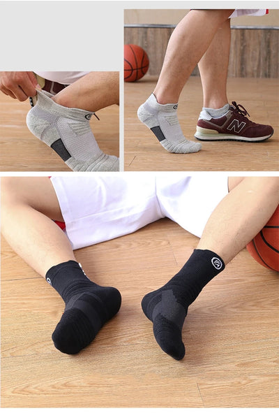 Men's elastic compression sports socks in grey and black, designed for breathability and comfort during basketball.