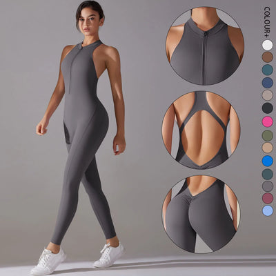 Women bodysuit in dark gray with zip front, side cutouts, and butt-lifting design for yoga and fitness.