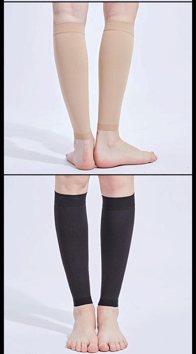 Footless compression socks, beige and black, designed for varicose veins and edema treatment, suitable for both men and women.