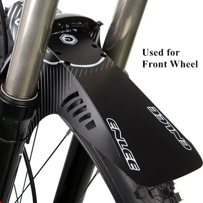 Reflective MTB bike mudguard fender mounted on front wheel, designed for mountain bike protection against mud.