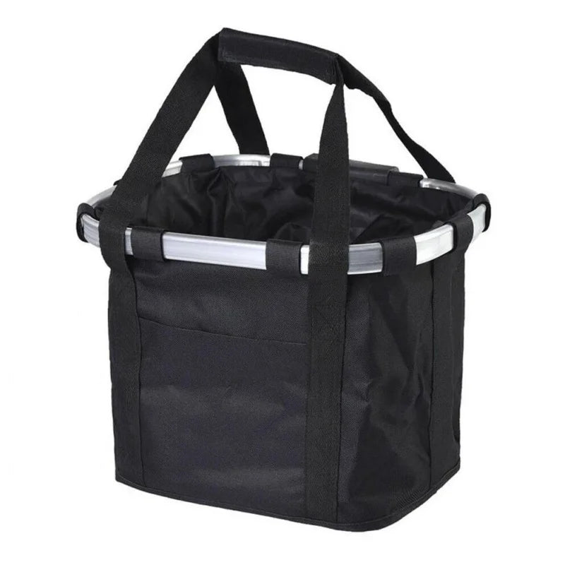 Foldable black bike front basket pet carrier with handles for cycling and convenience.