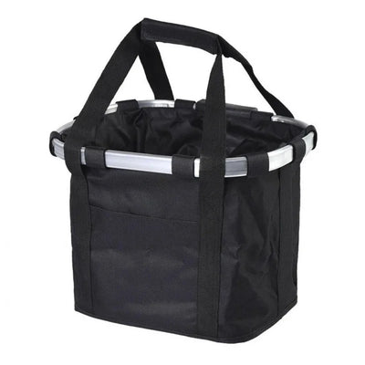 Foldable black bike front basket pet carrier with handles for cycling and convenience.