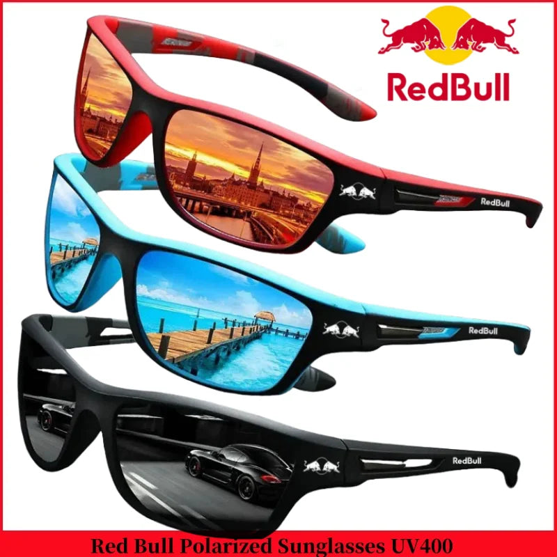 Red Bull polarized sunglasses in black, red, and blue colors, designed for outdoor activities like fishing and hiking, UV400 protection.