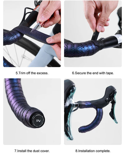 Step-by-step installation guide for INBIKE non-slip handlebar tape on a bicycle, showcasing trimming and securing techniques.
