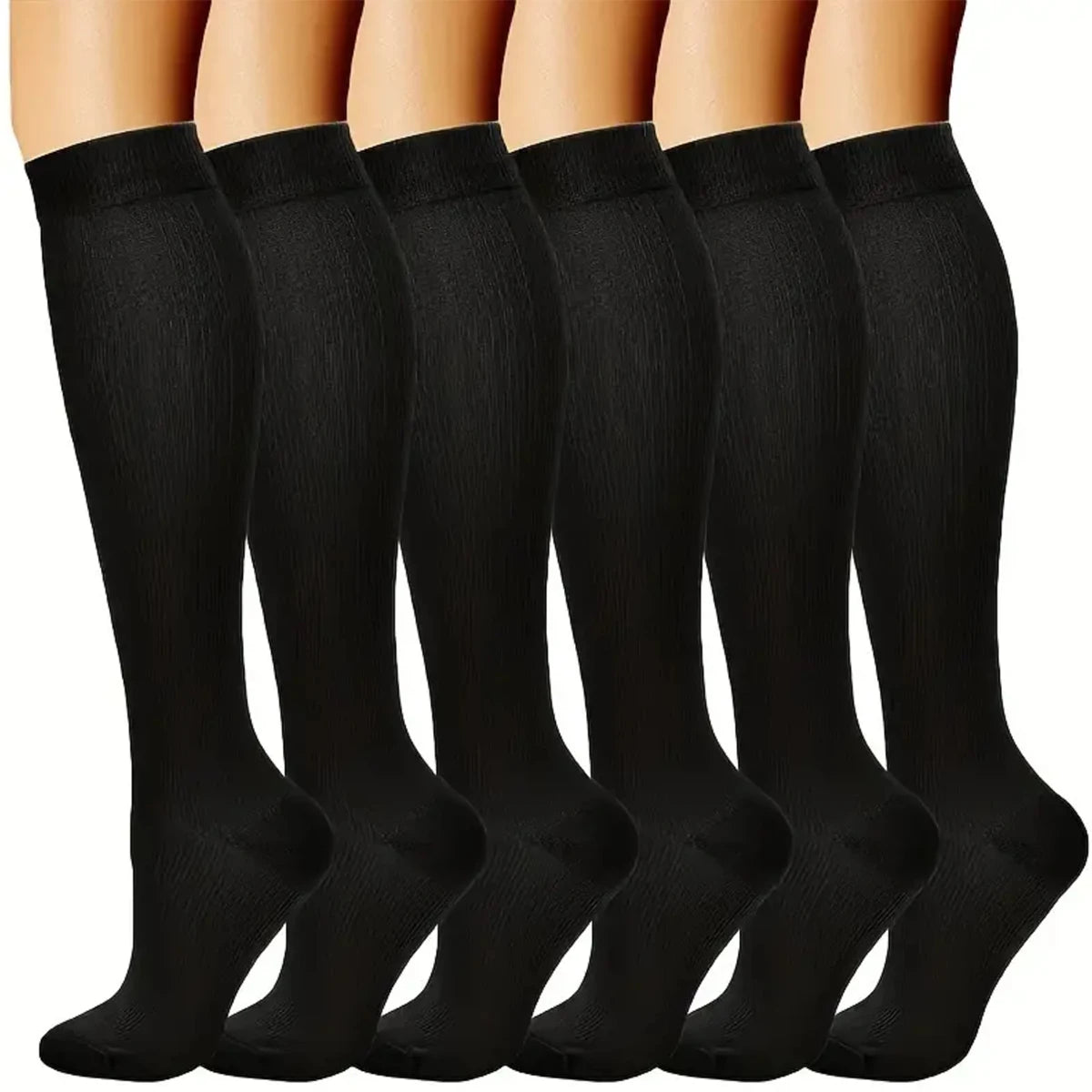 6 pairs of black knee-high compression socks for women, ideal for nurses and cycling, made from durable nylon.
