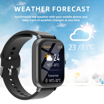 Waterproof smart watch displaying weather forecast with temperature updates and synchronization to mobile devices.
