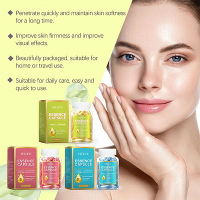 Vitamin E Face Essence Capsule for skincare, improves firmness, suitable for daily use, travel-friendly packaging.