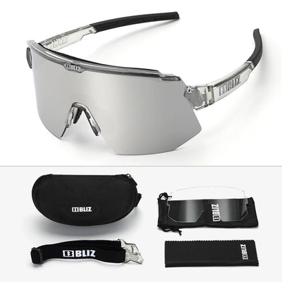 BLIZ Breeze polarized cycling glasses with case, interchangeable lenses, and cleaning cloth for MTB and road biking.