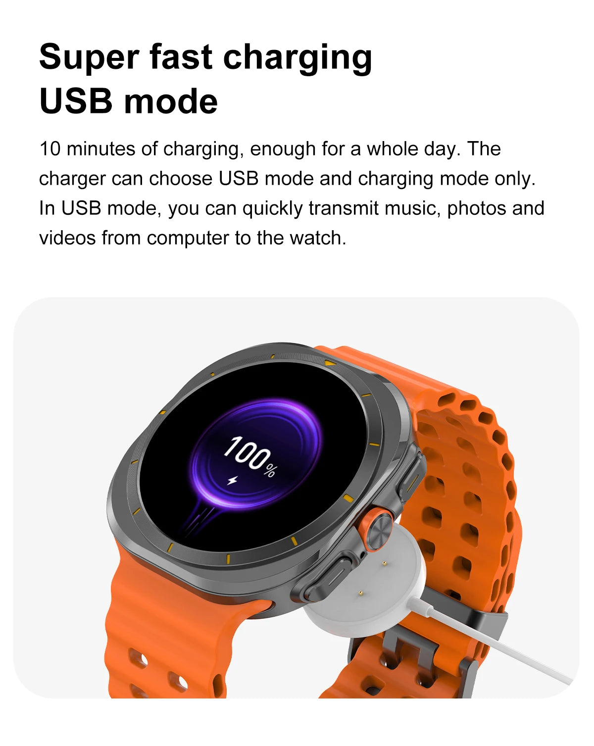 2025 Watch 7 Ultra Smartwatch displaying super fast charging USB mode with charging cable connected.