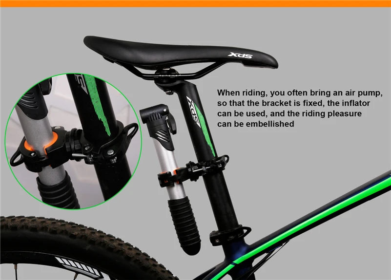 Bike air pump mounted securely on a bike frame, showcasing a functional and convenient design for cycling enthusiasts.