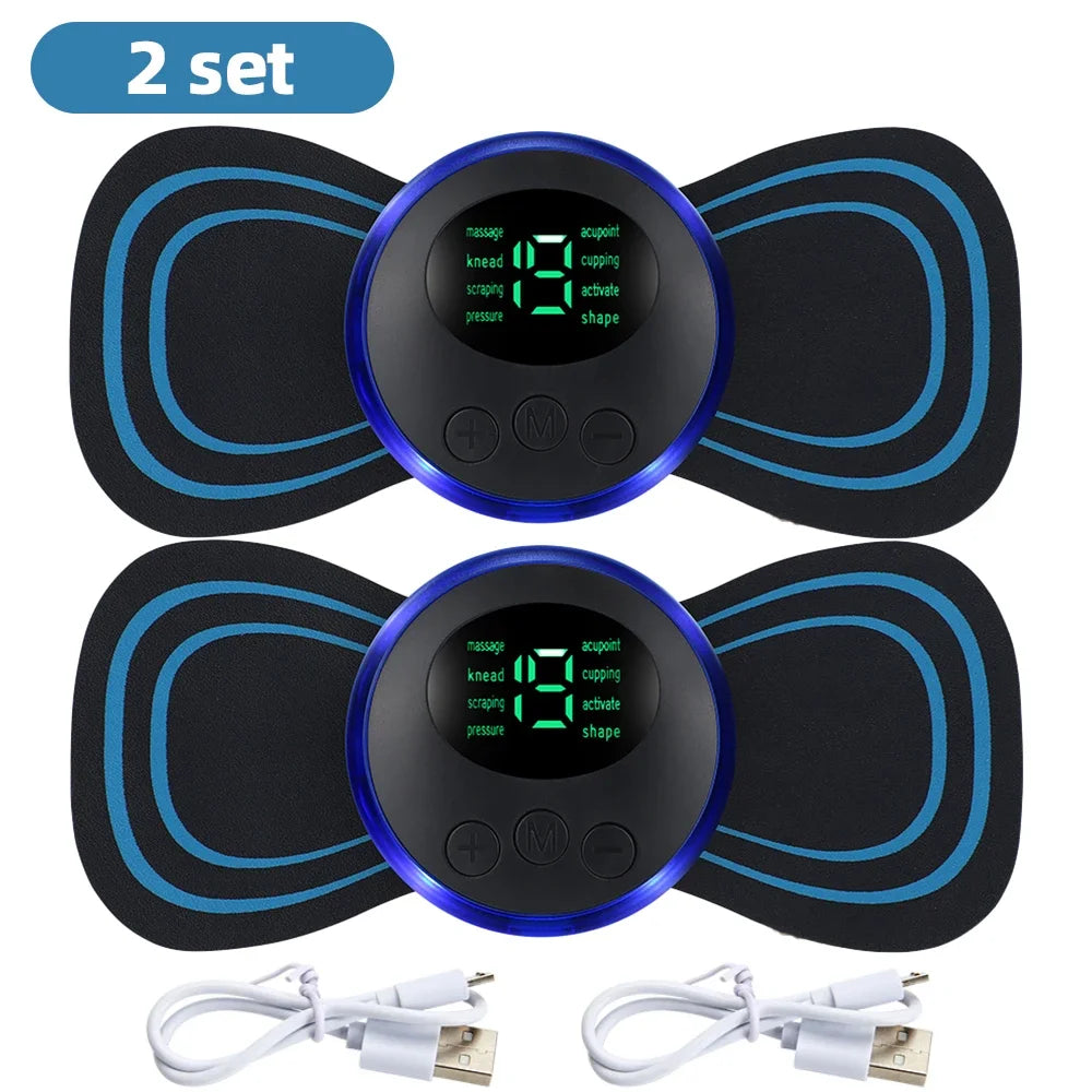 Electric EMS Neck Massager set with digital display, USB charging cables, effective for pain relief and muscle relaxation.