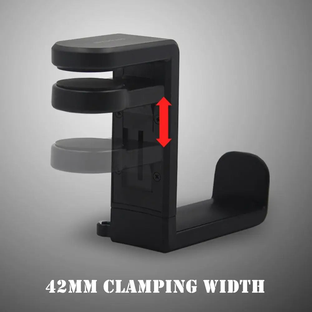 PC gaming headphone stand with adjustable clamp, 42mm clamping width for desk mount, designed for headset storage.