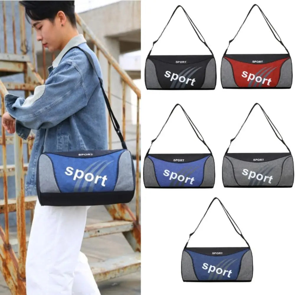 Men's and women's sports gym bags in various colors, suitable for fitness and travel, shown on a model.