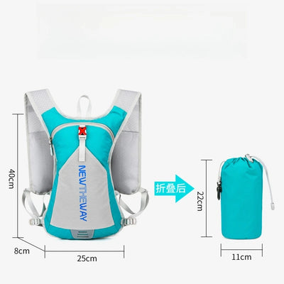 Ultralight waterproof hydration backpack in teal, designed for running and cycling, featuring adjustable straps and compact folding design.