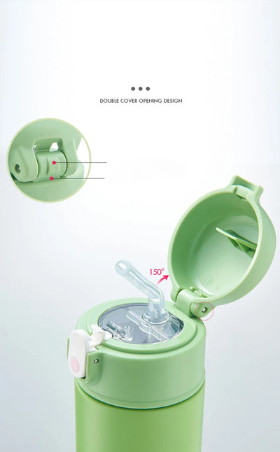 GIANXI Bouncing Straw Thermos showing double cover opening design and straw system in vibrant green color.