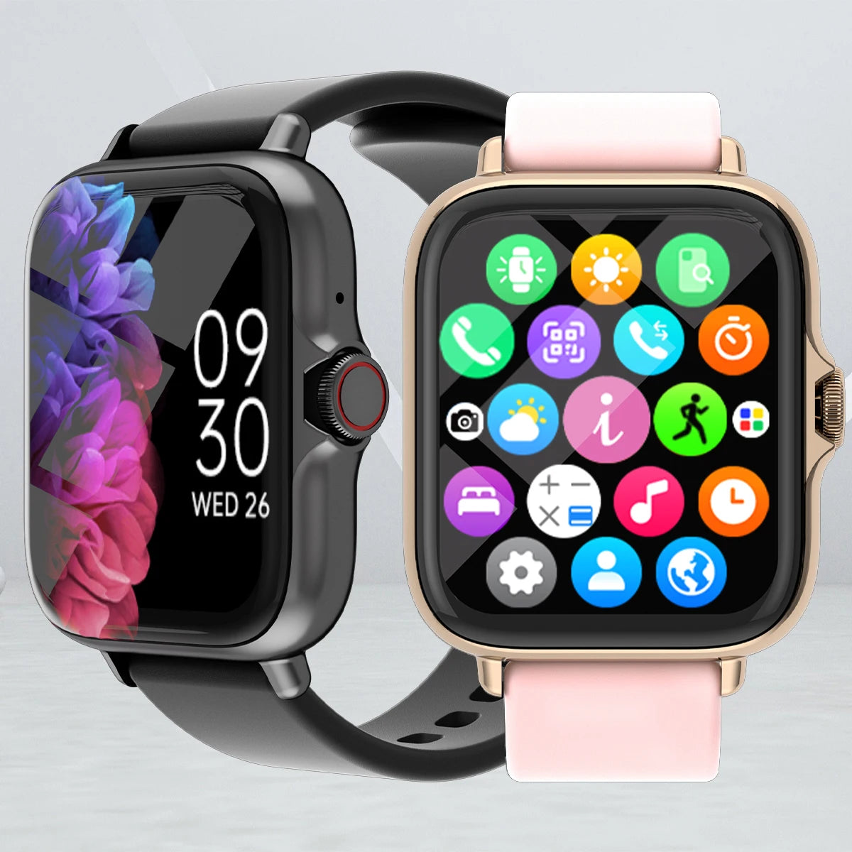 Waterproof smart watch duo with call alerts, fitness tracking, and colorful app icons for adults.
