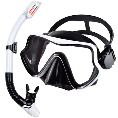 Scuba diving mask and snorkel set for adults, tempered glass, panoramic view snorkeling gear, swimming training equipment.