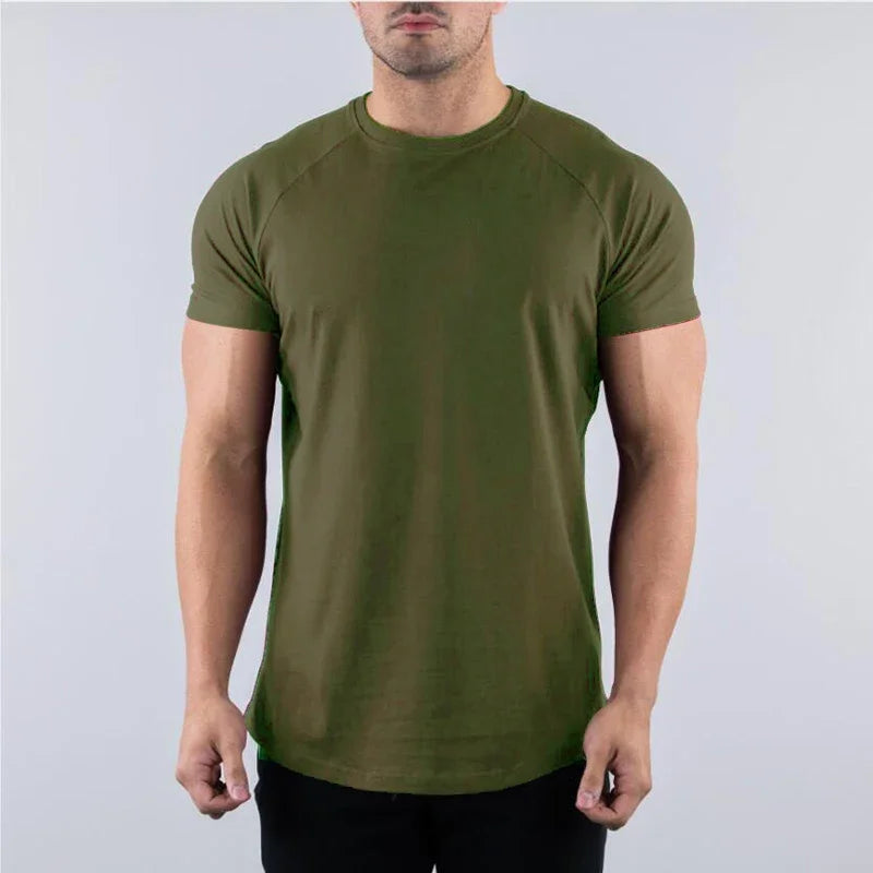 Plain olive green short sleeve cotton shirt for men, ideal for gym workouts and bodybuilding activities.