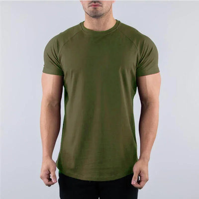 Plain olive green short sleeve cotton shirt for men, ideal for gym workouts and bodybuilding activities.