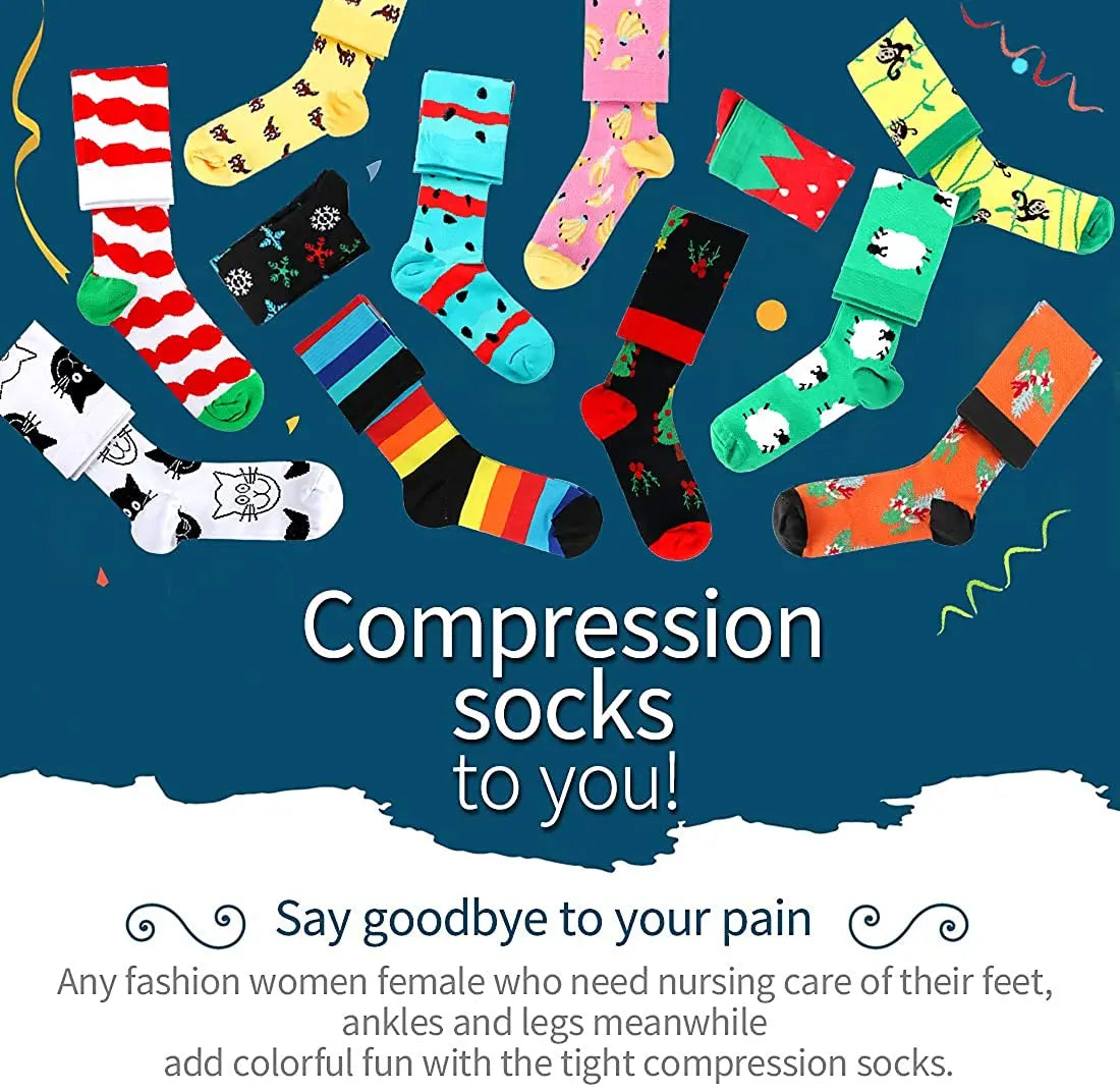 Colorful assortment of women's compression socks designed for comfort and pain relief, featuring fun patterns and styles.