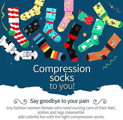 Colorful assortment of women's compression socks designed for comfort and pain relief, featuring fun patterns and styles.