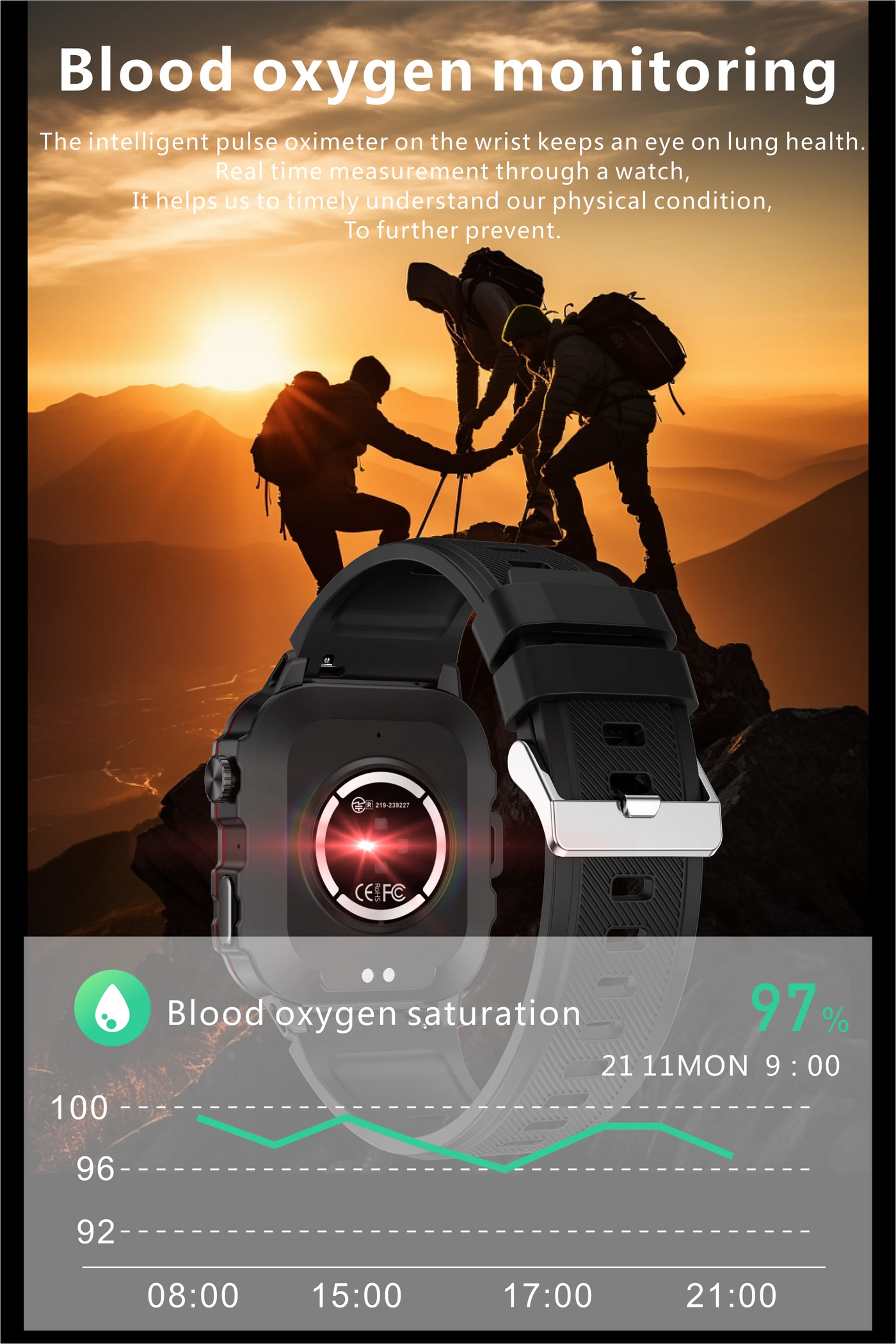 Blood oxygen monitoring display on a smart watch showcasing climbers in a sunset, tracking health metrics.