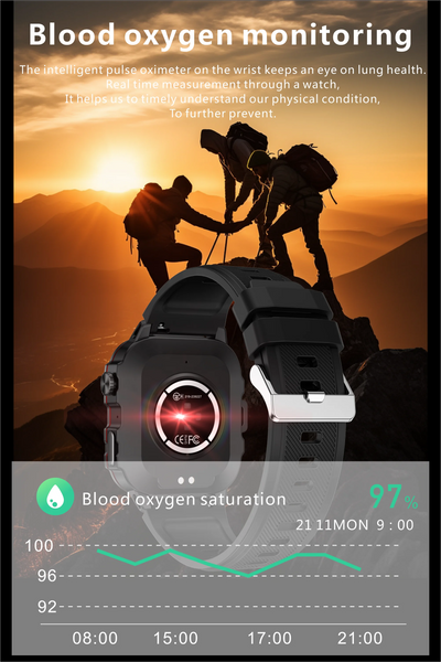 Blood oxygen monitoring display on a smart watch showcasing climbers in a sunset, tracking health metrics.