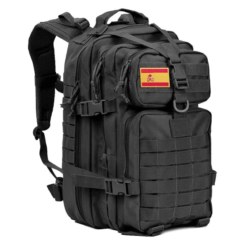 Tactical black gym bag with Spanish flag, 45L capacity, for hiking and camping, waterproof outdoor rucksack.