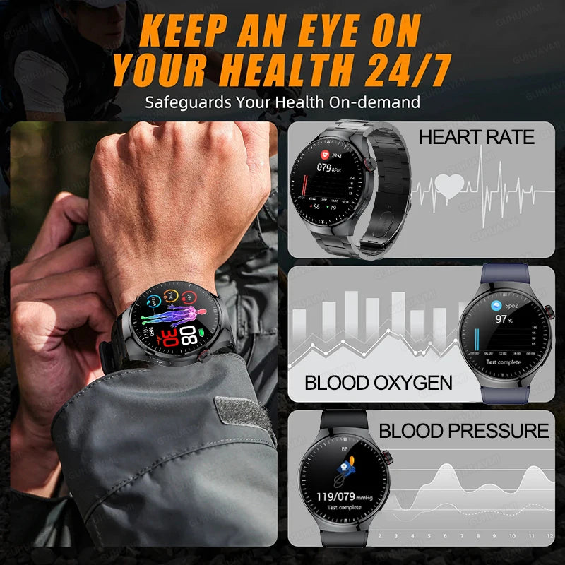 Health smartwatch displaying heart rate, blood oxygen, and blood pressure monitoring features for 24/7 health tracking.