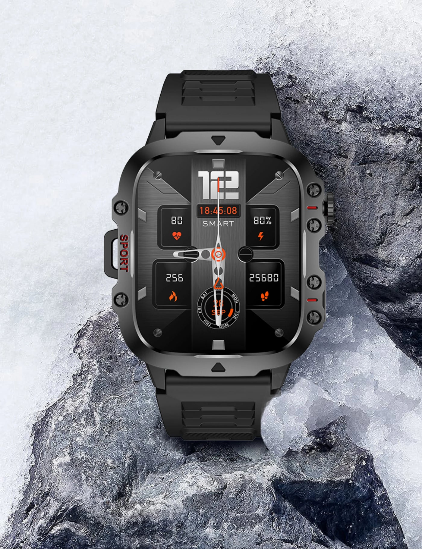 Rugged military smart watch for men, waterproof fitness tracker with advanced features and black design.