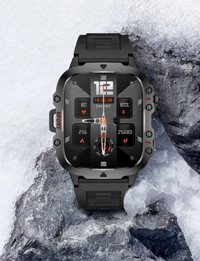 Rugged military smart watch for men, waterproof fitness tracker with advanced features and black design.