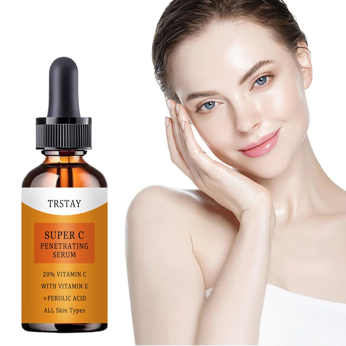 TRSTAY Super C Penetrating Essence with Vitamin C and E for radiant skin, suitable for all skin types.