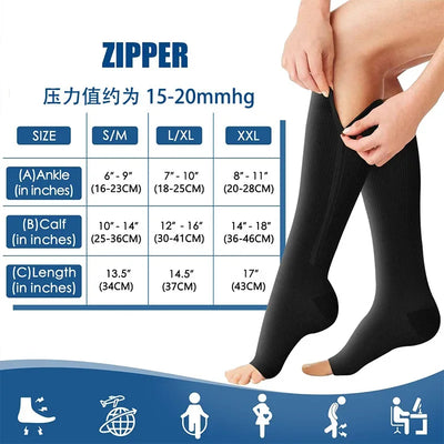 Size chart for Medical Compression Socks showing ankle, calf, and length measurements with a zipper design.