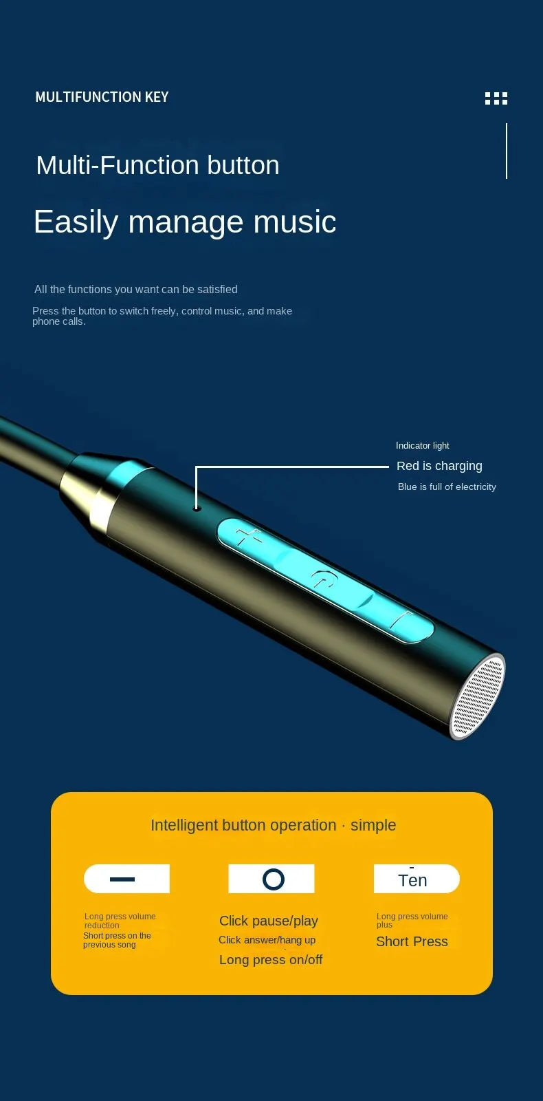 Multi-function button on wireless headphones for easy music control, featuring indicator light and user-friendly design.