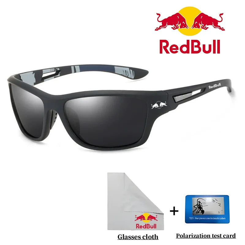 Red Bull polarized sunglasses on display, ideal for outdoor activities like fishing, driving, and hiking.