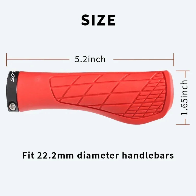 Red BUCKLOS ergonomic bike handlebar grip, 5.2 inches long, designed for 22.2mm handlebars