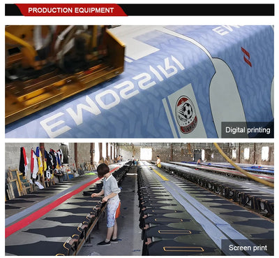 Production equipment showcasing digital printing and screen printing processes for custom sportswear.